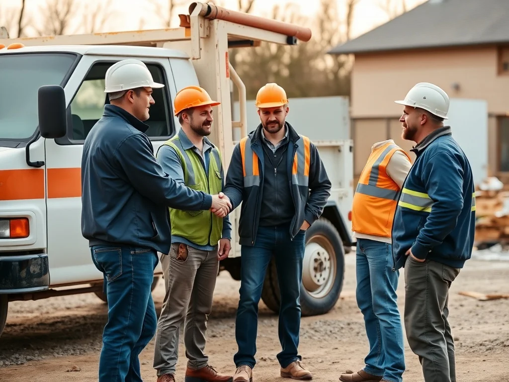 Contractors and an insurance agent shaking hands near a work truck